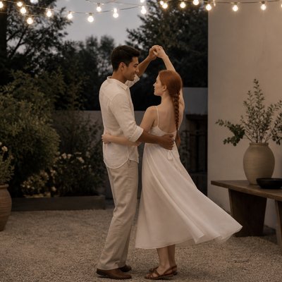 an original couple dancing under string lights in a garden at dusk: a man with short black hair in a linen shirt and a woman with braided red hair in a summer dress