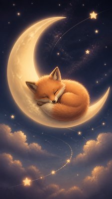 a sleeping baby fox curled on a crescent moon among soft stars, gentle and warm, no text