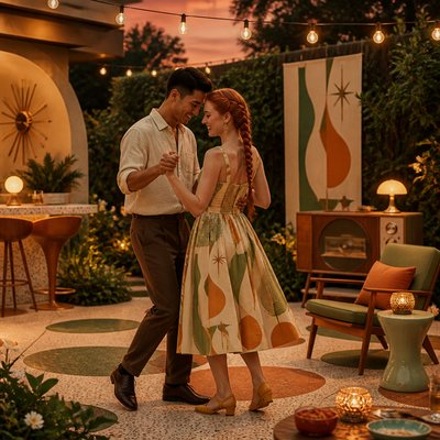an original couple dancing under string lights in a garden at dusk: a man with short black hair in a linen shirt and a woman with braided red hair in a summer dress