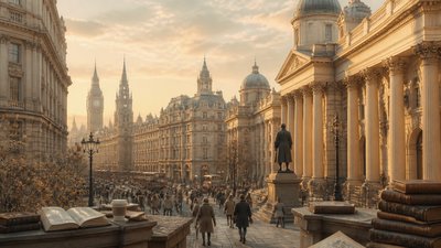 bustling city street panorama at dusk