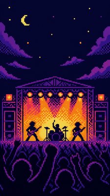 a live music scene with a glowing stage and silhouetted crowd, energetic vertical composition with open space at the top, no text