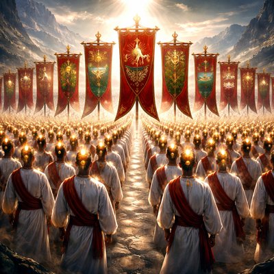 An epic, wide-angle cinematic masterwork of the 144,000 servants of God, divided into twelve massive, disciplined ranks in a valley of white stone. Each rank is led by a towering, ornate scarlet silk banner with gold-embroidered edges. 
The Banners: Distinct symbols are visible on each: a Lion (Judah), Sun over Water (Reuben), Military Tent (Gad), Olive Tree (Asher), Leaping Deer (Naphtali), Fruitful Vine (Manasseh), City Gate (Simeon), Priestly Breastplate (Levi), Celestial Stars (Issachar), Sailing Ship (Zebulun), Wheat Sheaf (Joseph), and Silver Wolf (Benjamin).
The People: In the foreground, the men wear crisp white linen robes with deep Tola-scarlet sashes. Every individual has a brilliant, glowing Golden Seal physically shimmering on their forehead, casting a divine light upward.