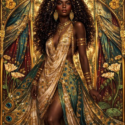 I am black, but comely, O ye daughters of Jerusalem, as the tents of Kedar, as the curtains of Solomon. 
(Song of Solomon 1:5 KJV)
 in the style of Gustav Klimt,shimmering gold patterns,"elaborate symbolic designs,symbolic and allegorical composition
