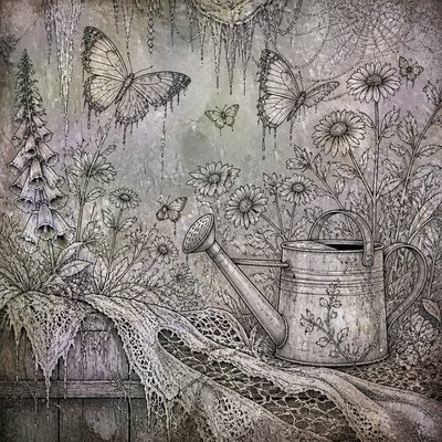 a garden scene with butterflies, flowers and a watering can, clean uncolored line art, no text