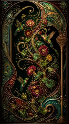 a climbing vine of flowers and hummingbirds on a dark background, tall wrapping composition, no text