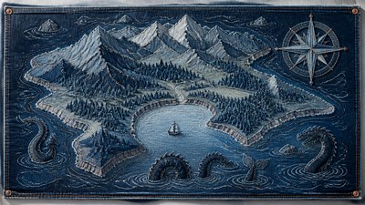 a map of an island realm with mountains, forests, a sheltered bay, sea monsters in the water and a compass rose, no text labels