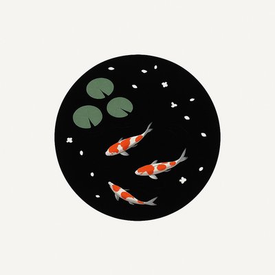 A koi pond seen from above, orange and white koi fish swimming among lily pads, clear water with subtle ripples, fallen cherry blossom petals floating on the surface, dappled sunlight