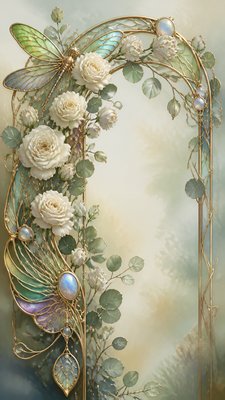 an arch of white roses and eucalyptus in soft morning light, elegant vertical composition with open space, no text