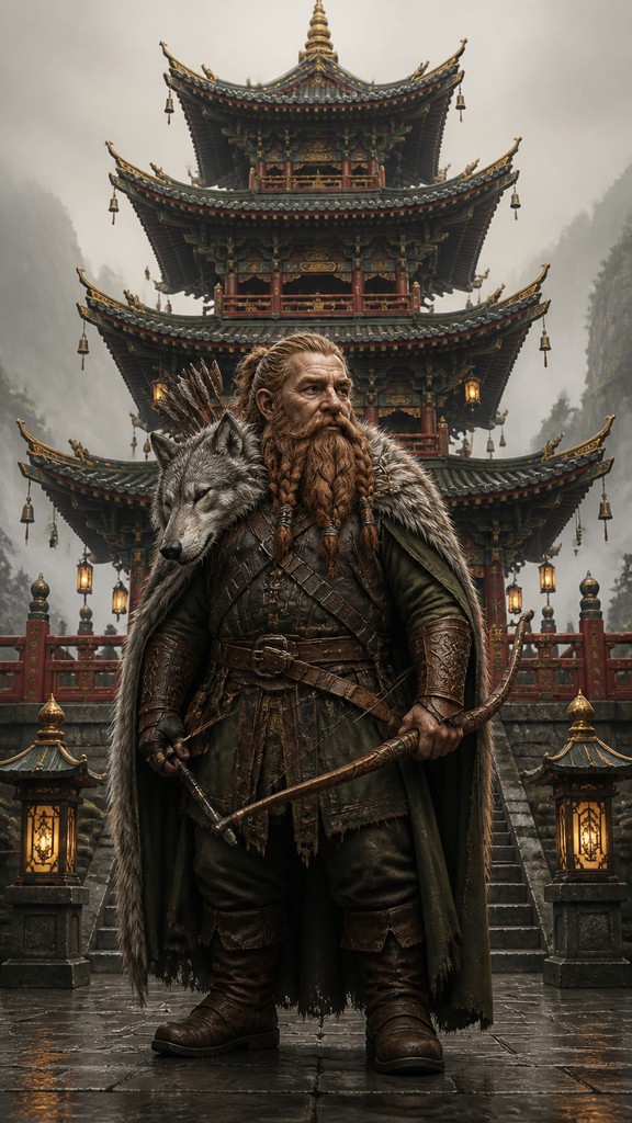 full-body original character: a dwarven ranger with a braided auburn beard, worn leather armor, a longbow and a wolf-pelt cloak, neutral background, no text