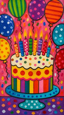 a birthday cake with lit candles surrounded by balloons and confetti, festive vertical composition, no text