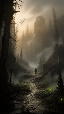 a mysterious forest path with fireflies and drifting mist, atmospheric vertical composition with open space at the top, no text