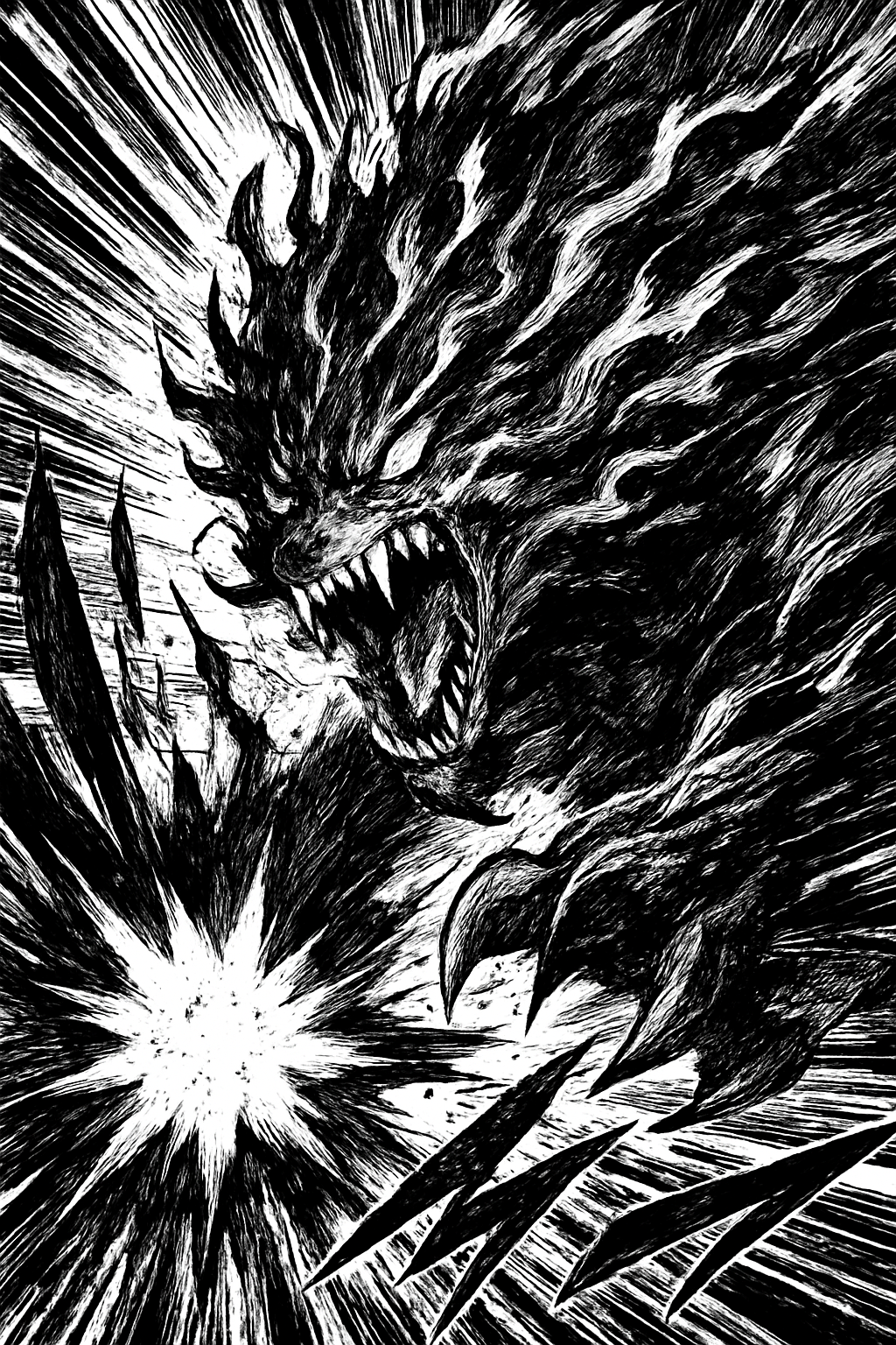 a black and white drawing of a dragon