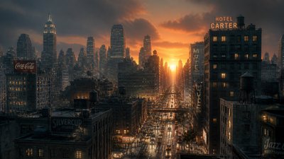 bustling city street panorama at dusk