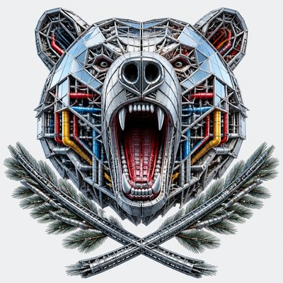 a roaring bear head above crossed pine branches, bold graphic composition on a plain background, no text