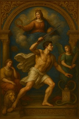 a painting of a man holding a sword