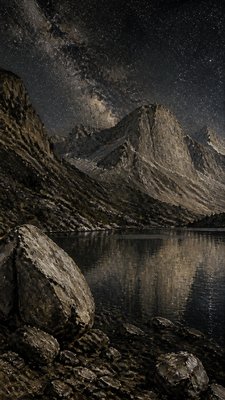 a tranquil mountain lake beneath a starry night sky, no people, no text