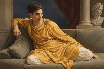 a painting of a man sitting on a couch
