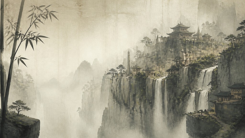 a cliffside city with waterfalls cascading into a misty canyon, wide establishing shot, no people, no text