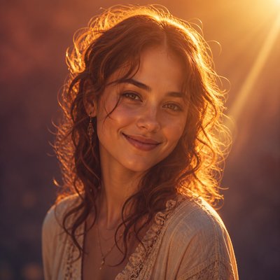 head-and-shoulders portrait of an original character: a young woman with wavy chestnut hair and a warm smile, plain soft backdrop