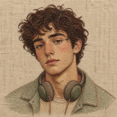 head-and-shoulders portrait of an original character: a young man with curly dark hair and headphones around his neck, plain backdrop, no text