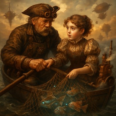 A highly detailed steampunk fantasy reimagining of Émile Renouf's "The Helping Hand" (1881), where an elderly fisherman with a weathered face, bushy mustache, brass-rimmed goggles perched on his forehead, a leather apron adorned with gears and pouches of tools, and a tricorn hat fitted with a small steam whistle,  assists a wide-eyed young girl in a frilly Victorian dress modified with corseted bodice, puffed sleeves of oil-stained fabric, and tiny mechanical bird brooch row an old sailboat with the mast down. They sit together in a compact, riveted iron sailboat propelled by a hissing steam engine at the stern, with exposed copper pipes, whirring pistons, and a propeller churning the ethereal, mist-shrouded waves of a fantastical ocean dotted with floating clockwork islands and distant airships billowing smoke. The pair collaboratively hauls a massive, enchanted fishing net woven with glowing aether filaments and brass weights, teeming with bioluminescent mechanical fish hybrids—scales of etched metal and fins like unfolding fans—symbolizing intergenerational ingenuity and wonder. Render in intricate digital art style blending Victorian engraving precision with fantastical whimsy, warm sepia tones accented by burnished golds, verdigris greens, and sparks of arcane blue energy, dramatic chiaroscuro lighting from a setting sun filtered through industrial haze, ultra-detailed textures on leather, rust, and fabric, cinematic composition with dynamic tension in their clasped hands


