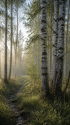 a serene birch forest in soft morning light, no people, no text