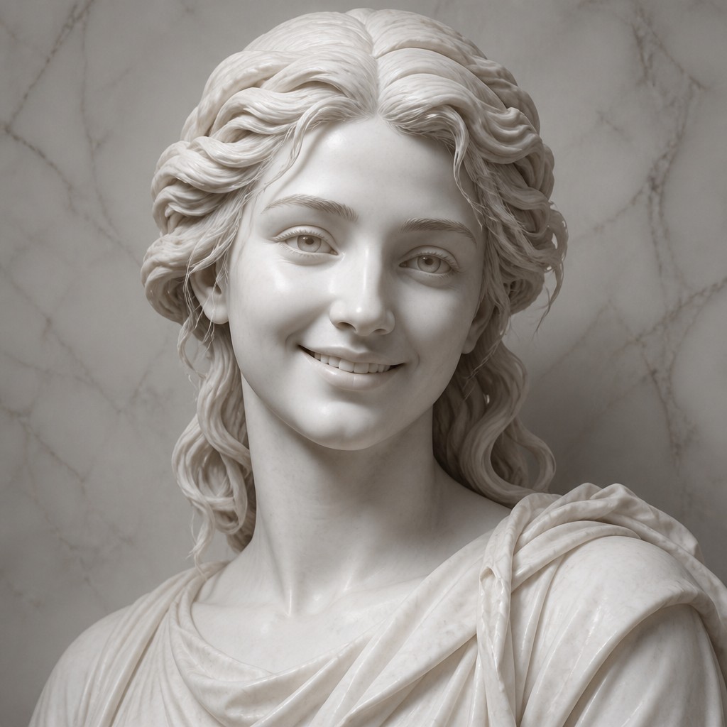 head-and-shoulders portrait of an original character: a young woman with wavy chestnut hair and a warm smile, plain soft backdrop