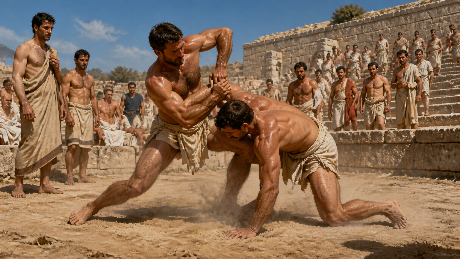 ancient greek athletes fighting one another outdoors