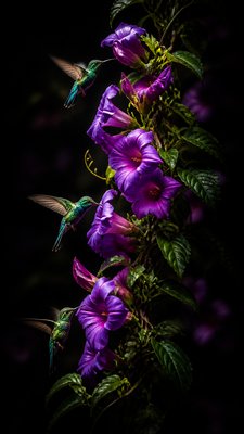 a climbing vine of flowers and hummingbirds on a dark background, tall wrapping composition, no text