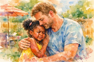An outdoor scene at home in the back yard.  A white Dad and his African-American little girl (5) who is crying.  Dad is calming her and making her feel secure.  