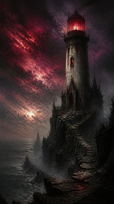 a lone lighthouse on a cliff at dusk under a dramatic sky, no text or lettering
