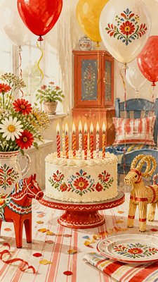 a birthday cake with lit candles surrounded by balloons and confetti, festive vertical composition, no text