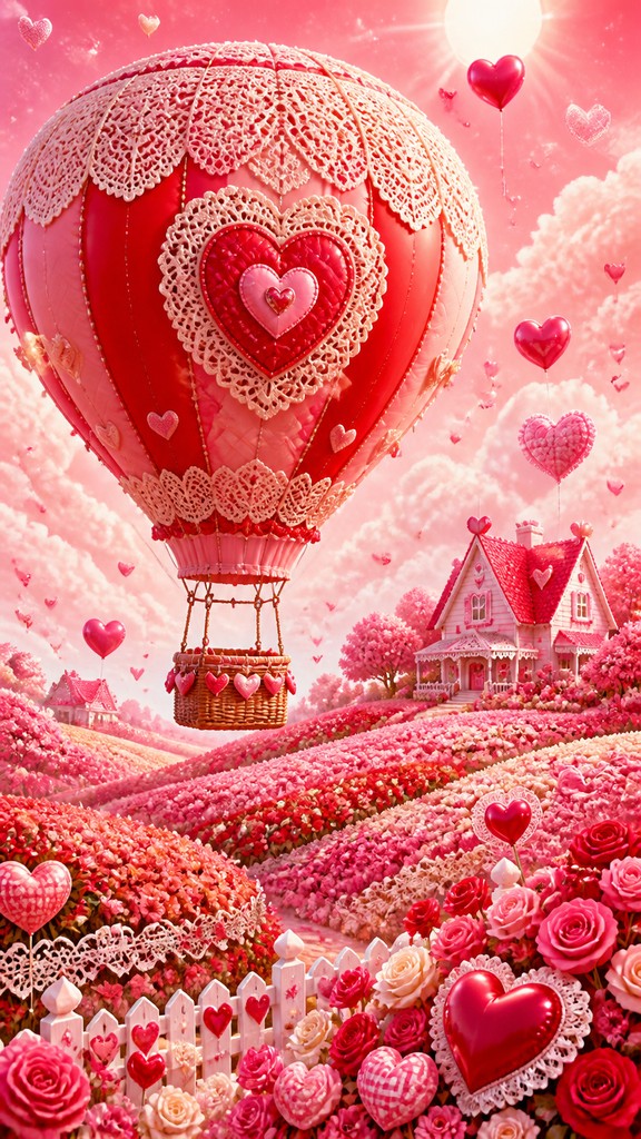 a hot air balloon drifting over rolling flower fields on a sunny day, cheerful, no text