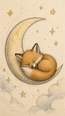 a sleeping baby fox curled on a crescent moon among soft stars, gentle and warm, no text