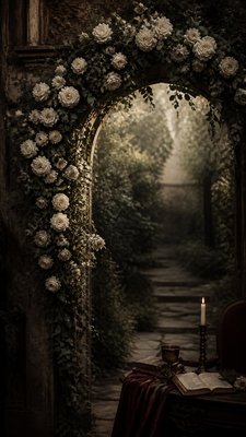 an arch of white roses and eucalyptus in soft morning light, elegant vertical composition with open space, no text