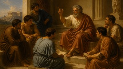 ancient greek philosopher teaching disciples 