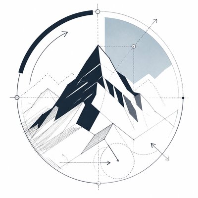 an emblem of a mountain peak inside a circle, simple bold shapes on a plain background, no text or lettering