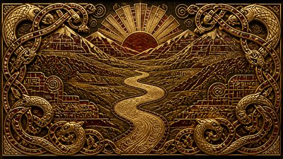 a vast valley with a river winding toward distant mountains at sunrise, no people, no text