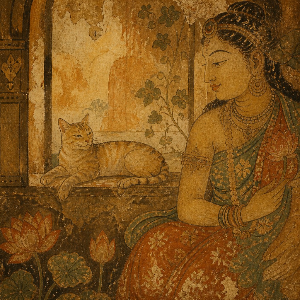 a cat lounging in a sunlit window — Ancient Indian Mural Art Style