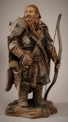 full-body original character: a dwarven ranger with a braided auburn beard, worn leather armor, a longbow and a wolf-pelt cloak, neutral background, no text