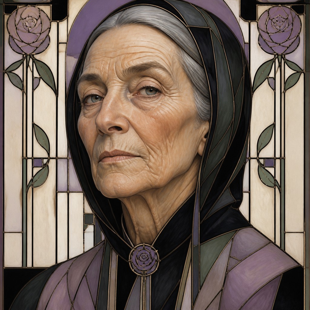 close-up portrait of an elderly person with expressive weathered features — Glasgow Style Art Nouveau