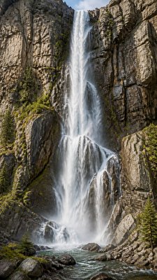 towering waterfall cascading down a cliff