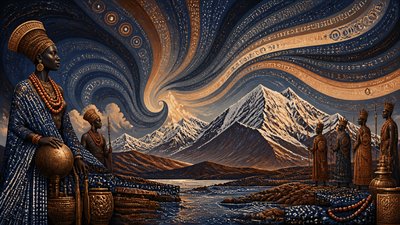a flowing aurora over snowy peaks, wide sweeping composition, no people, no text