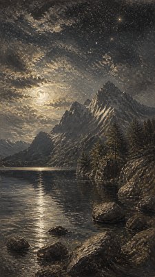 a tranquil mountain lake beneath a starry night sky, no people, no text
