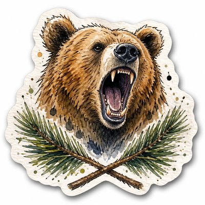 a roaring bear head above crossed pine branches, bold graphic composition on a plain background, no text