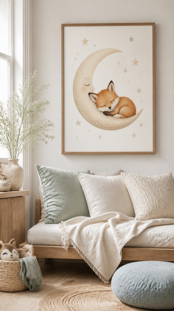 a sleeping baby fox curled on a crescent moon among soft stars, gentle and warm, no text