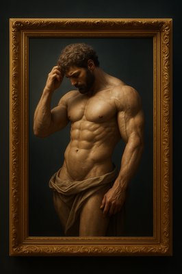 a painting of a man with no shirt in a gold frame
