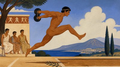 ancient greek ignudi athlete doing long jump with weights