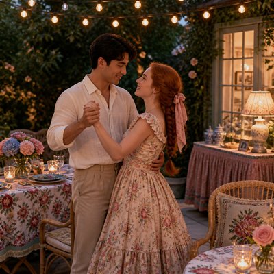 an original couple dancing under string lights in a garden at dusk: a man with short black hair in a linen shirt and a woman with braided red hair in a summer dress