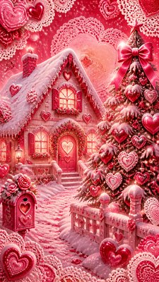 a snow-covered cottage with warm glowing windows beside a decorated pine tree, gentle snowfall, no text